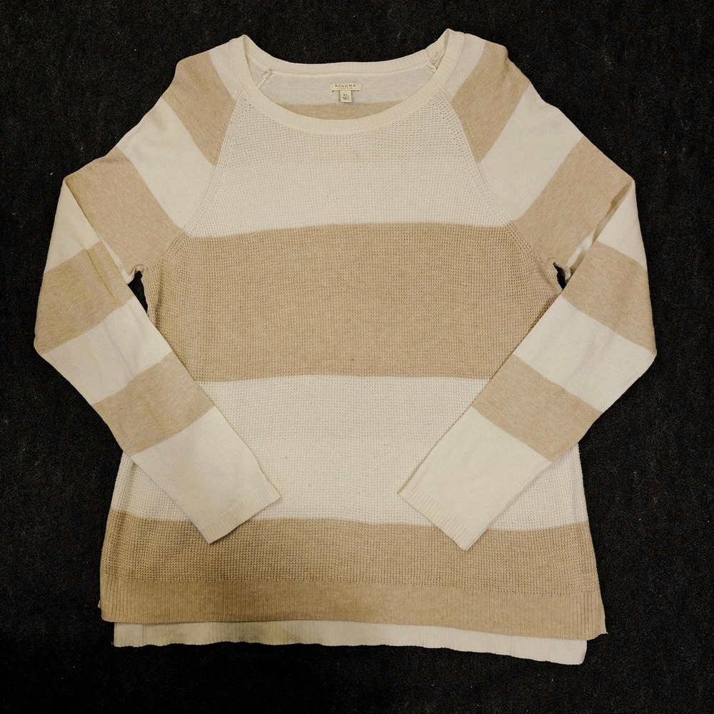 Sonoma Goods for Life Mens XL Striped Long Sleeve Knit Shirt Tan Cream Waffle